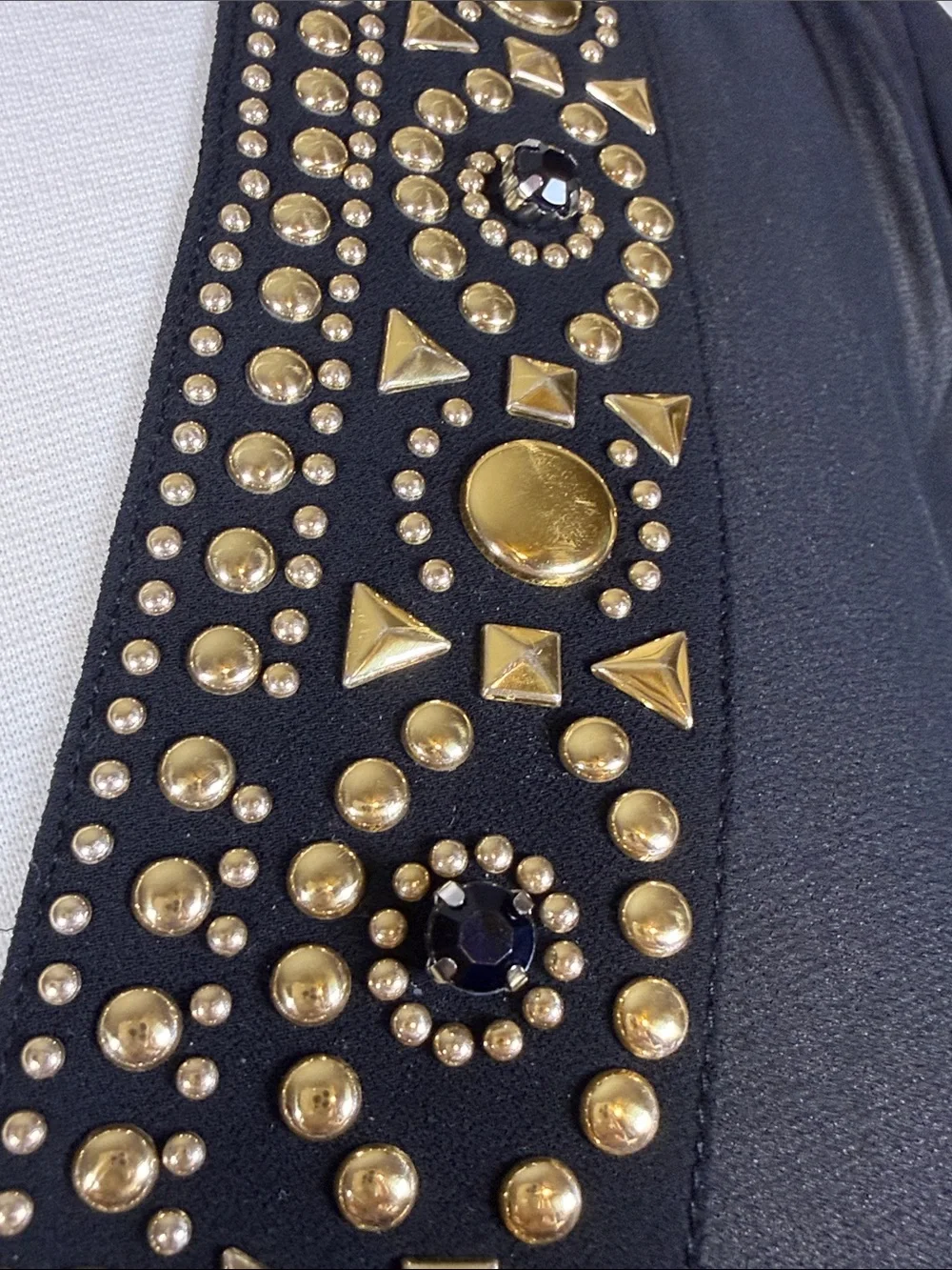 Michael Kors Beaded V-Neck Chiffon Tunic Top Black Gold Studded Sheer Blouse S